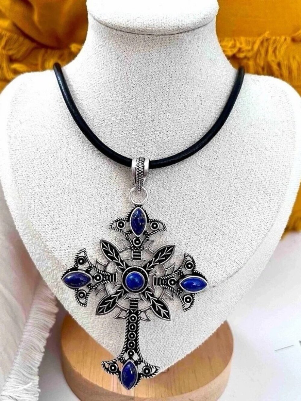 925 Sterling Silver Lapis Lazuli Cross Necklace Gemstone Womens Jewelry